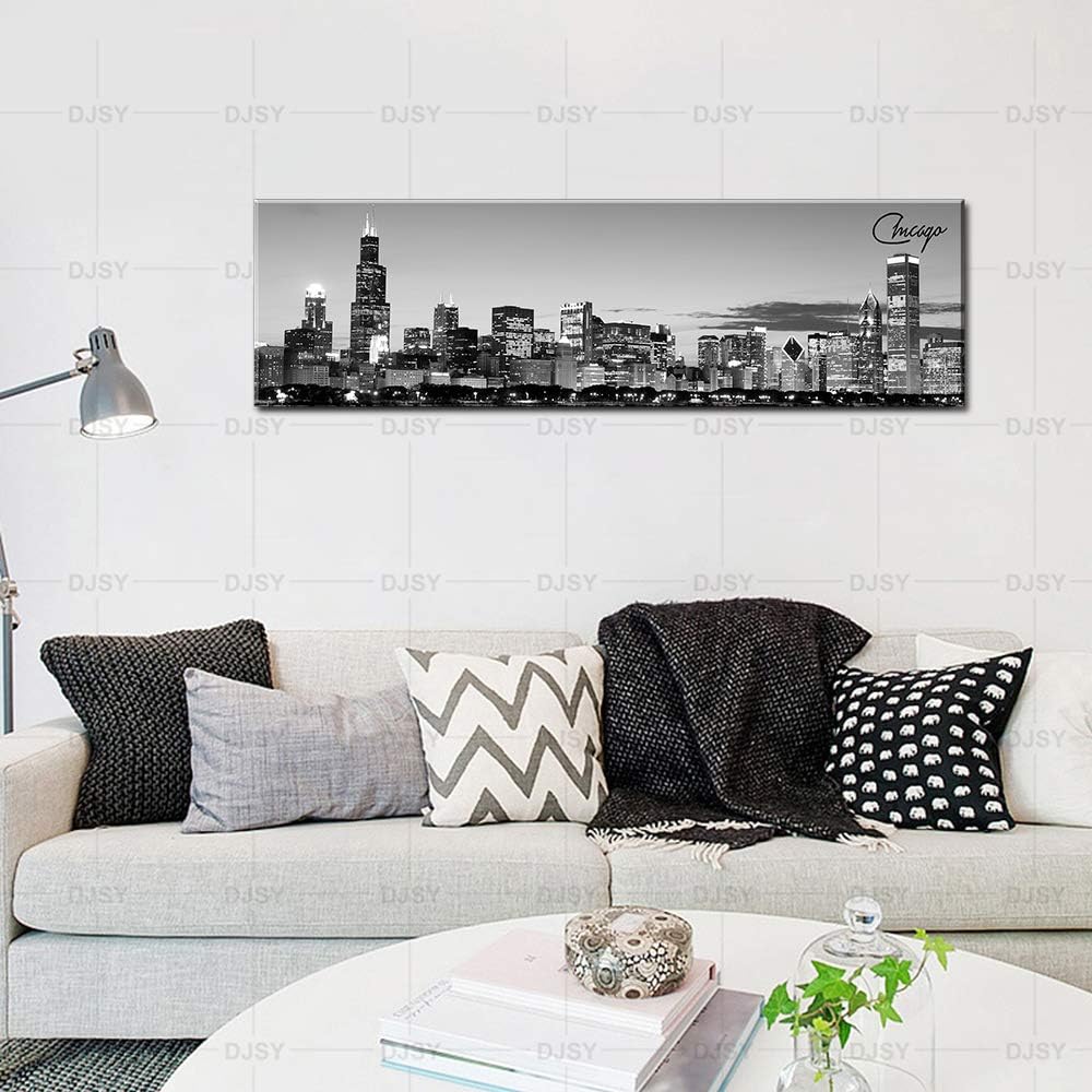 DJSYLIFE Chicago Skyline Wall Art - Black and White Modern Panoramic Cityscape Night View Picture Painting Bedroom Office Living Room Kitchen Home Decoration - Ready to Hang 13.8 "x 47.3" - Chicago 2