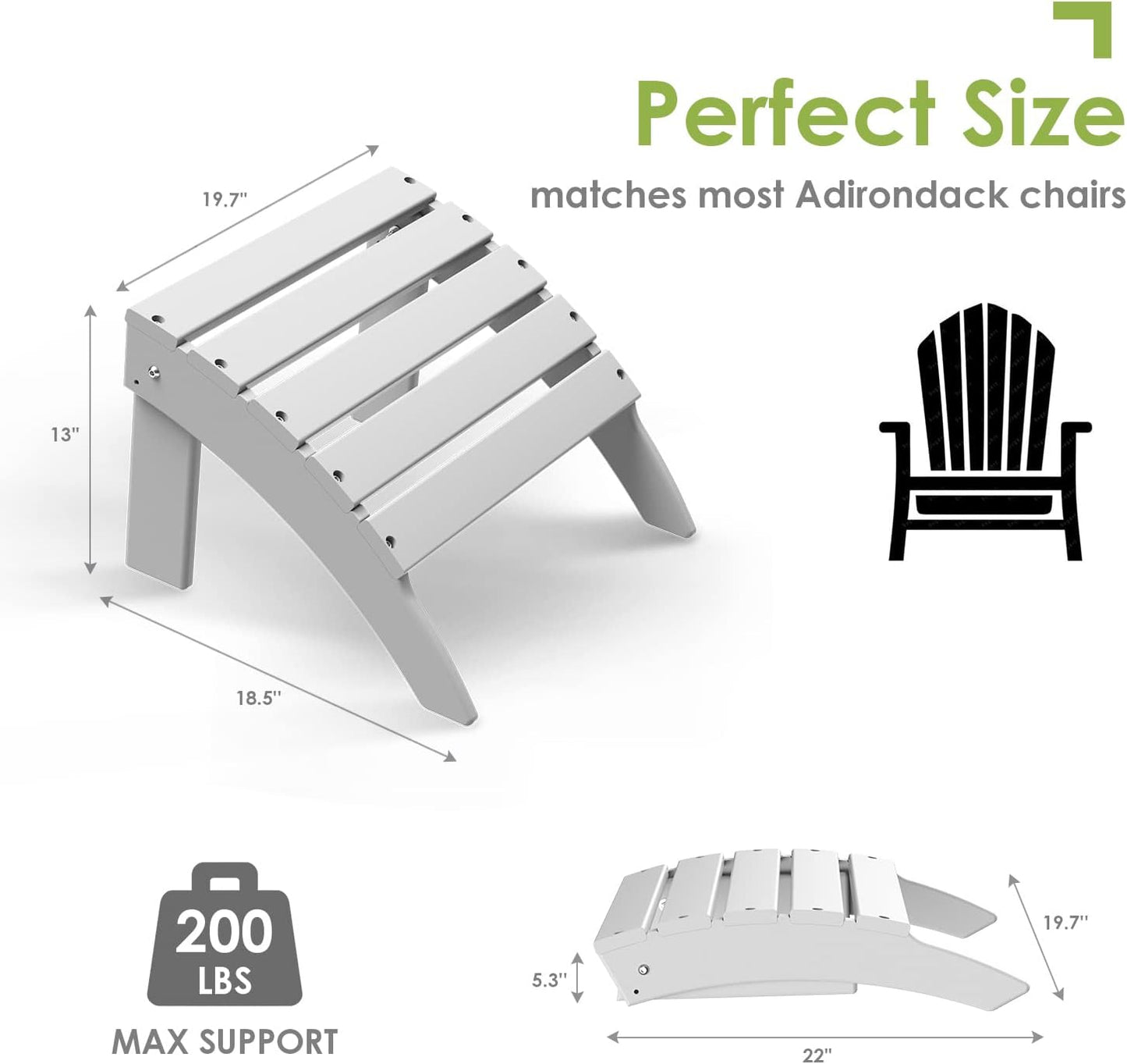 GREENVINES Adirondack-Ottoman | Set of 4 | HDPE Plastic | Outdoor Footrest | All Weather | Foot Rest | Foot Stool | White | for Adirondack Chair | for Patio Backyard Pool