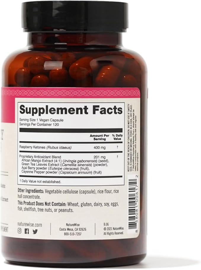 NatureWise Raspberry Ketones Plus - w/ Green Tea Extract, Cayenne Pepper, & Acai Berry - Supports Antioxidant Health, Energy Levels, Weight Goals - Vegan & Gluten-Free - 120 Capsules[120-Day Supply]