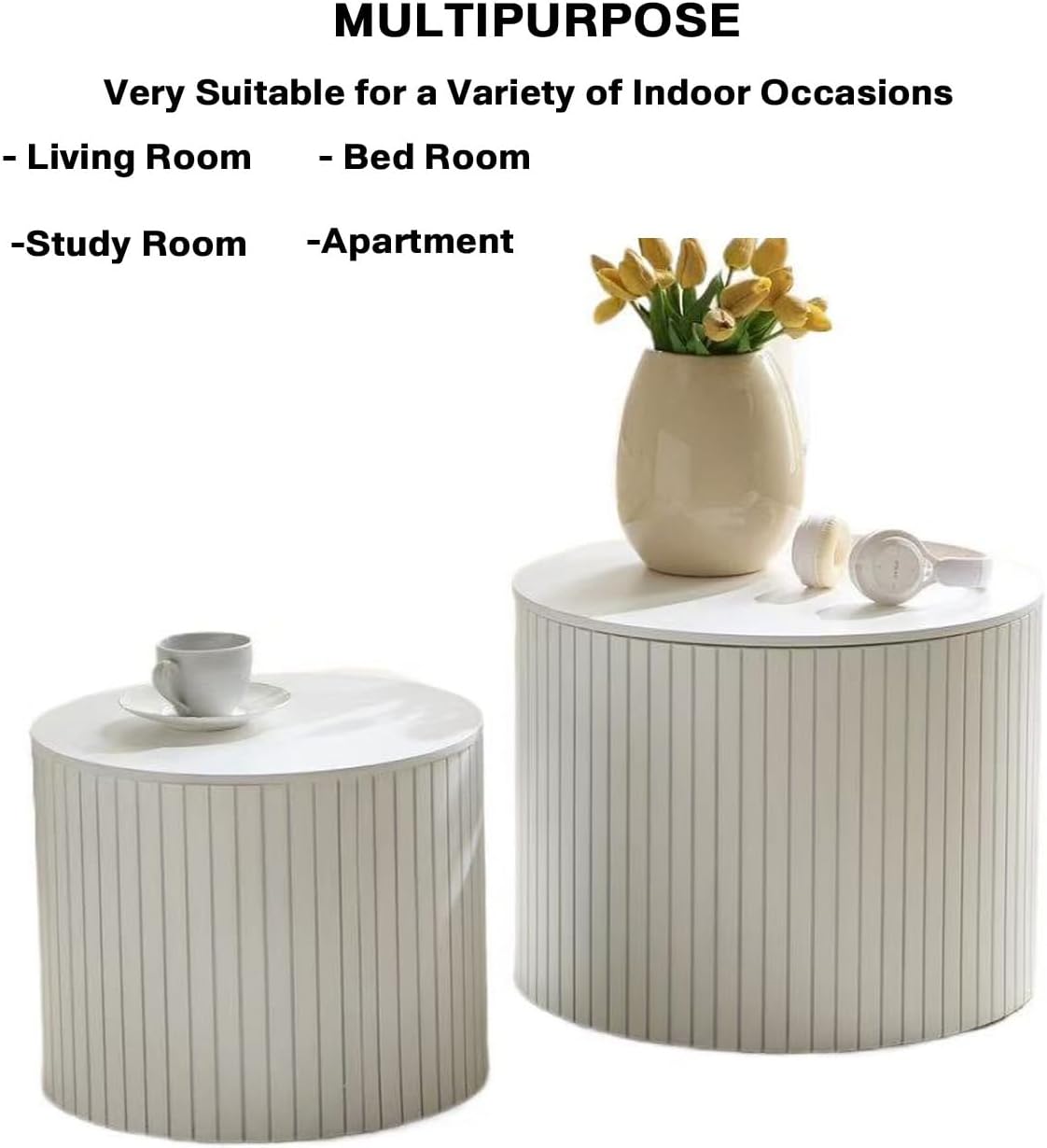 Nesting Cofee Tables Set of 2 with Storage, Modern Round Wooden Coffee Table Circle Side Tables Accent Walnut Table for Living Room, Small Spaces, Bedroom,Balcony, Office(19.17" White)