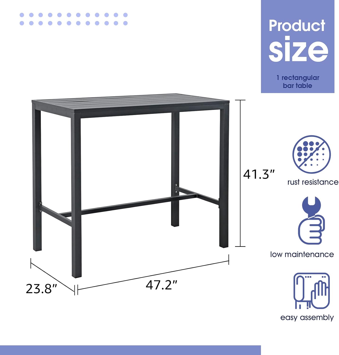 Soleil Jardin Bar Table High Top Table with All-Aluminum Frame Rectangular Pub Table for Indoor & Outdoor Use, Easy Assembly & Low Maintenance, Dark Grey