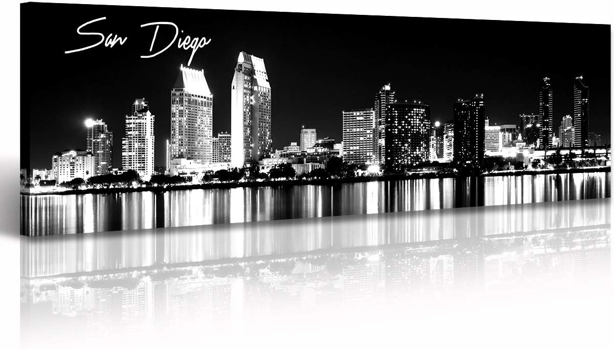 DJSYLIFE San Diego Skyline Wall Art Black and White Night View USA Cityscape California Pictures Artwork Painting Poster for Bedroom Office Decoration Stretch Framed Ready to Hang 13.8"x47.3"
