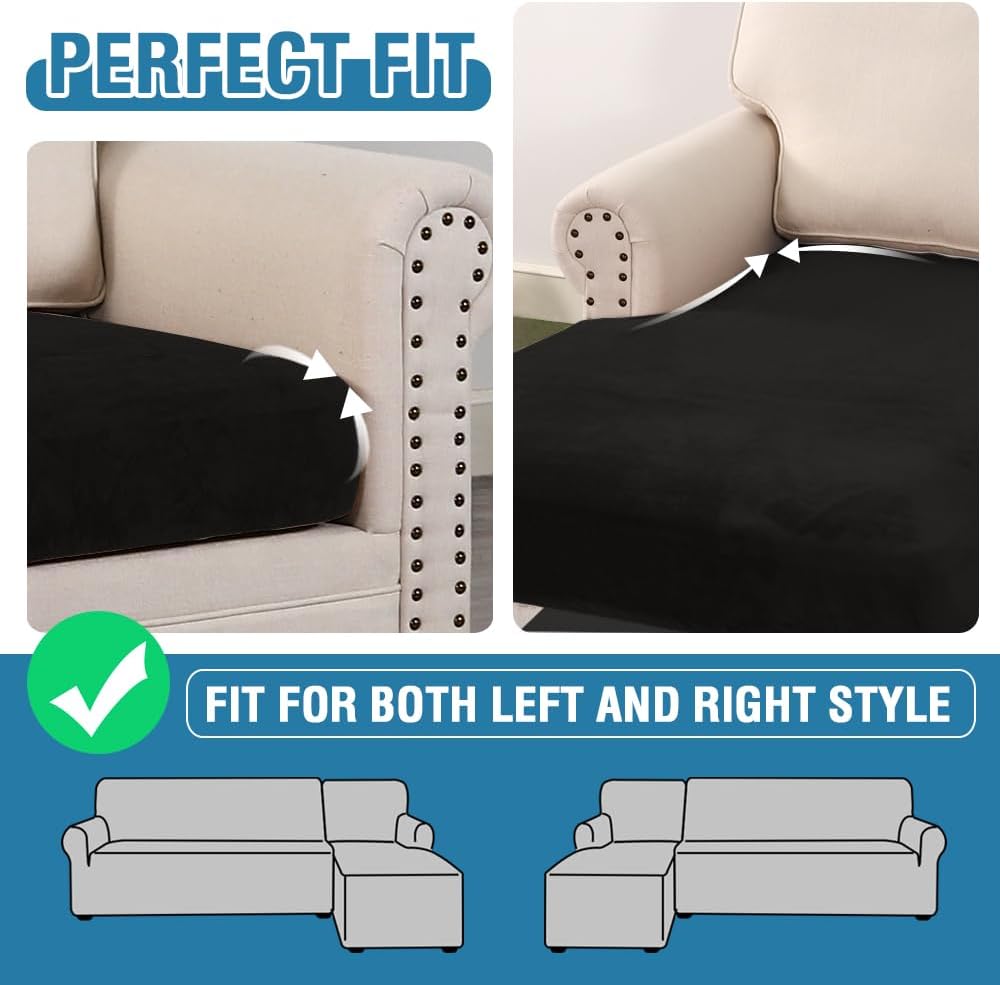 H.VERSAILTEX Velvet Stretch Sectional Couch Covers 4 Pieces Sofa Seat Cushion Covers L Shape Separate Cushion Couch Chaise Cover for Both Left/Right Couch (Large Sofa 3 Seater + 1 Chaise, Black)