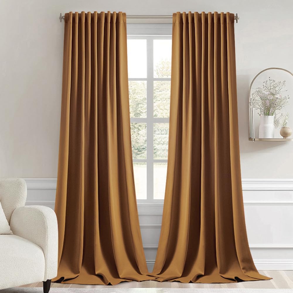 MIULEE Golden Brown Back Tab Blackout Curtains 120 Inch Long 2 Panels Set for Bedroom, Rod Pocket/Pinch Pleated Extra Long Thermal Insulated Living Room Darkening Light Blocking 10FT Drapes