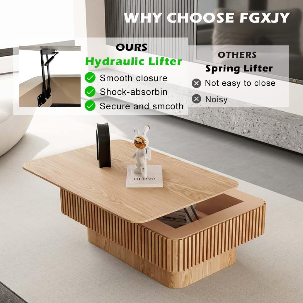 Lift Top Coffee Table with Storage, Solid Wood Coffee Table with Adjustable Height, Fluted Center Table Accent Tea Table for Living Room, Apartment, Office (38.6" Natuall)