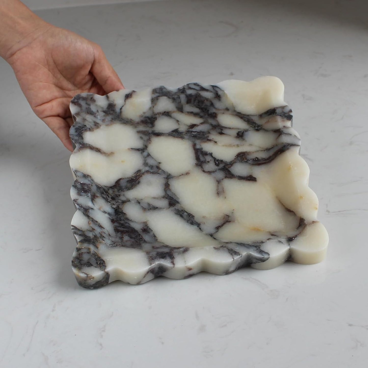 Natural Luxury Marble Tray with Scalloped Edge, Handmade Square Decorative Tray, Catch All Tray for Counter, Dresser, Nightstand and Home Décor (Calacatta Viola)