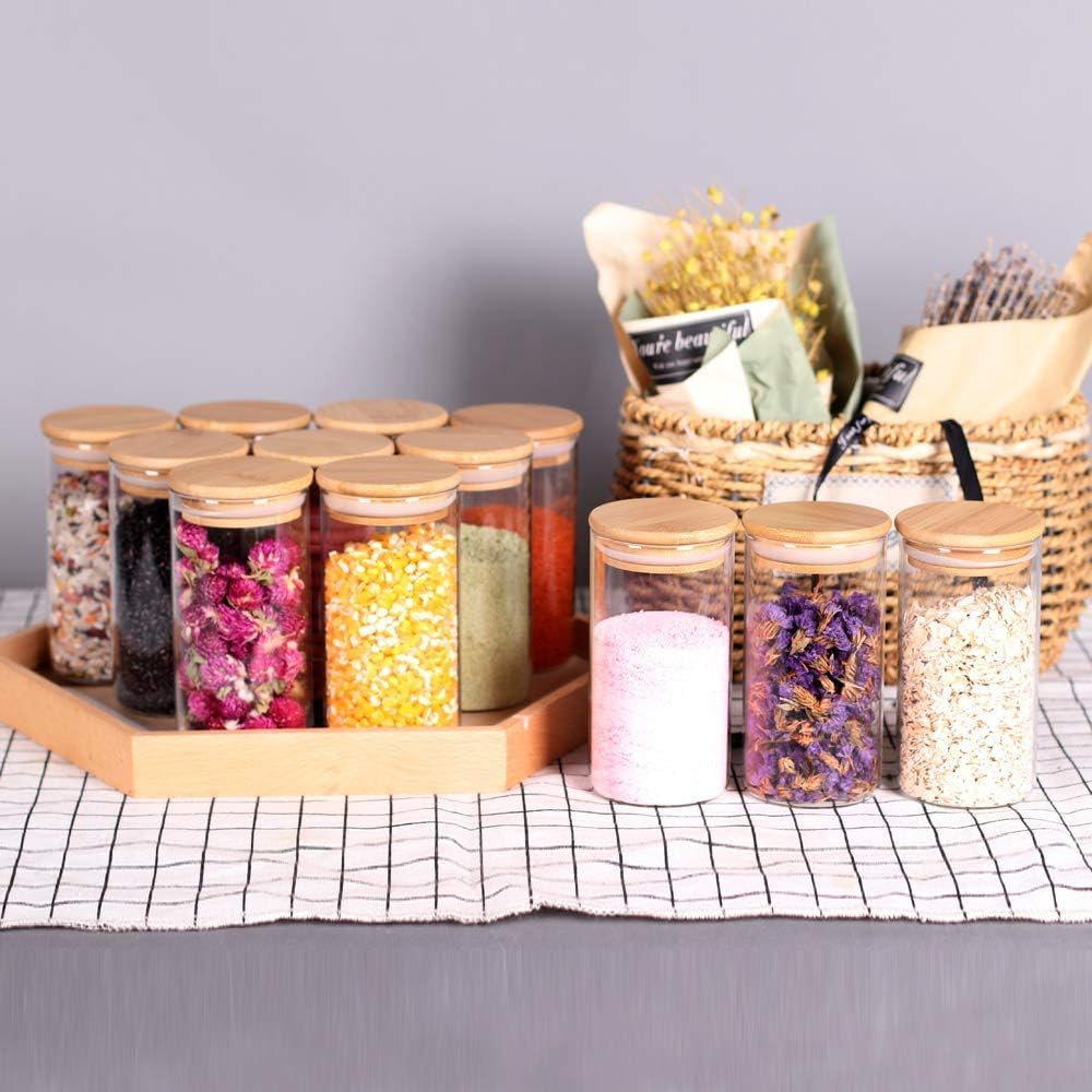 12 Pcs Glass Spice Jars - 8.5oz Empty Small Glass Bottles with Bamboo Airtight Lids and Labels - Thicken Seasoning Spice Containers for Kitchen Organization and Storage…