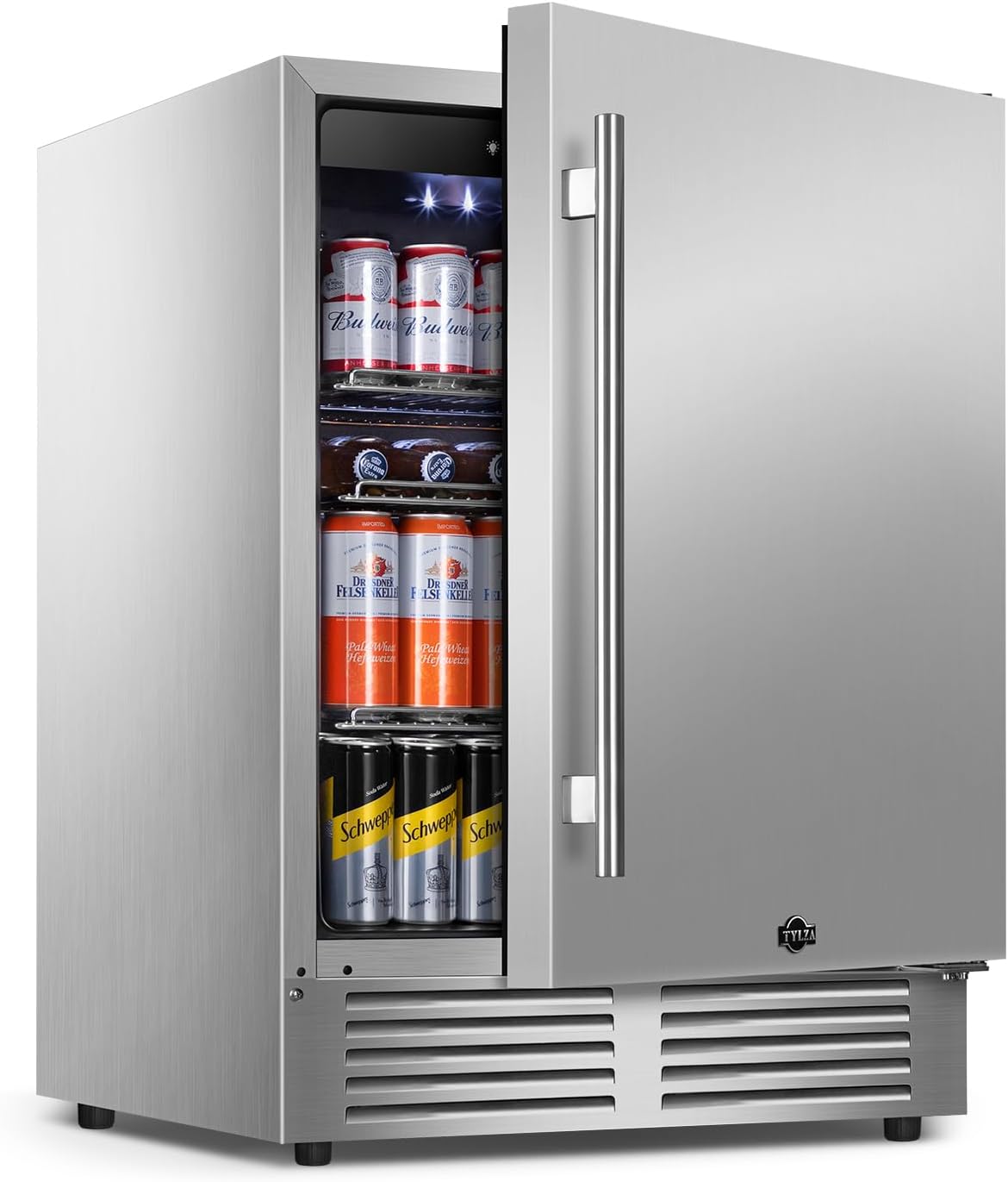 Tylza Outdoor Refrigerator 24 Inch Wide, Stainless Steel Beverage Refrigerator 176 Can for Undercounter Built-in or Freestanding, for Home and Patio, Water Proof, Fast Cooling, Low Noise, 37-65 °F