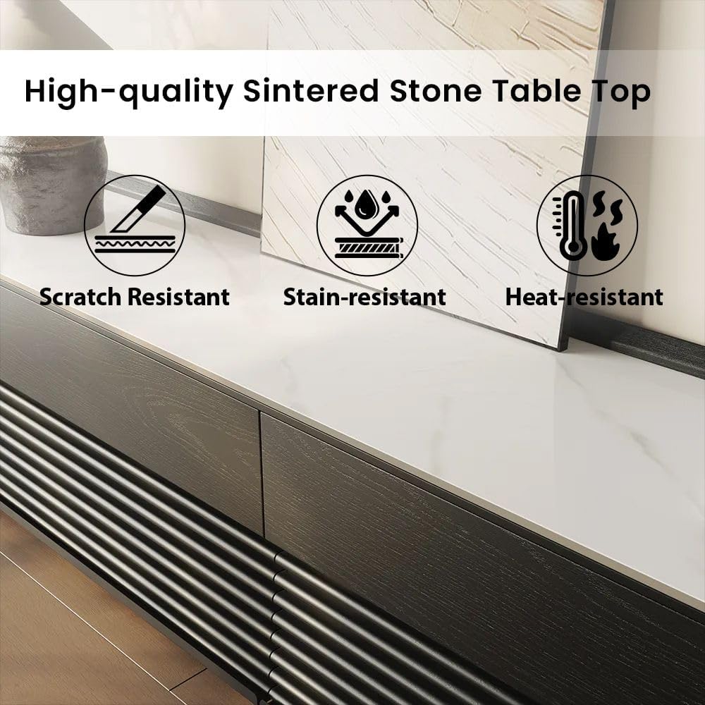 POVISON Fully-Assembled Mid Century Glossy Sintered Stone TV Stand with Legs, Wood Media Console with Adjustable LED Light, Entertainment Center with Storage for Living Room