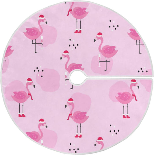 Christmas Flamingo Champagne Tree Skirt, Seasonal Tree Mat Holiday Party Supplies Ornaments Indoor Outdoor Decorations for Tabletop Trees 47.2 Inches