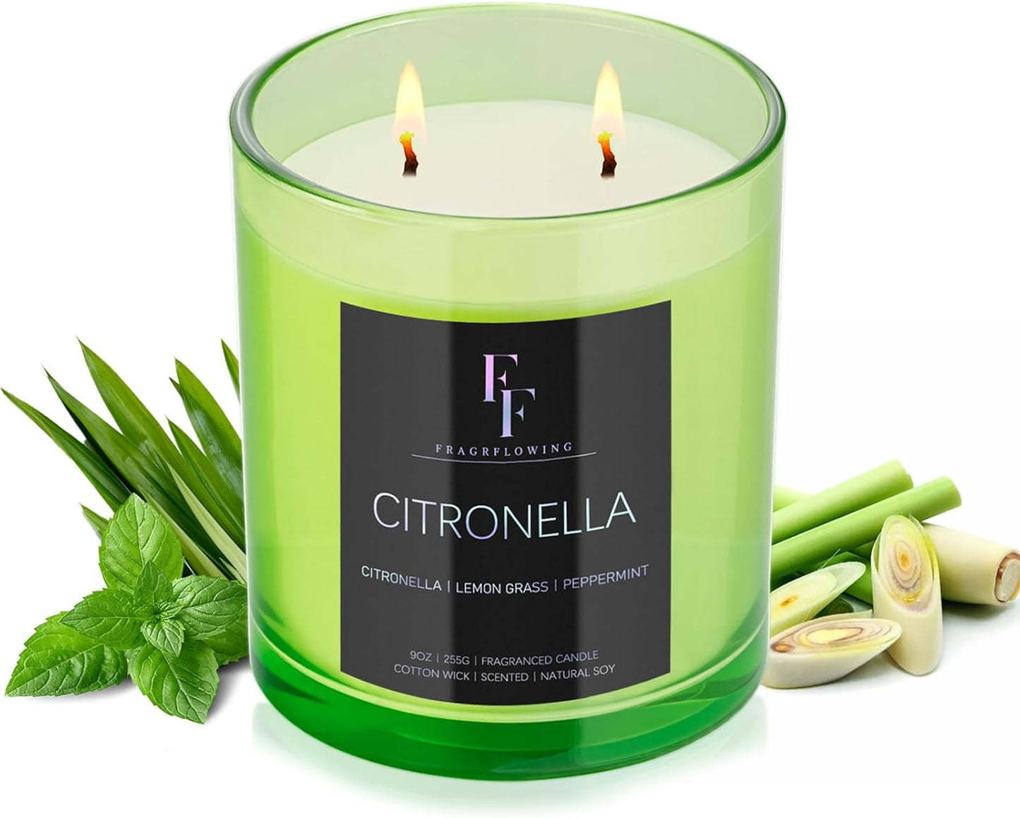 Citronella Candles Outdoor, 2-Wick Outdoor Indoor Scented Candle, Jar Candles for Home Scented, Long Lasting Natural Soy Candle, Summer Scents of Citronella/Lemon Grass/Peppermint, 9 oz
