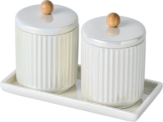 Ceramic Bathroom Canister Set with Coordinating Small Vanity Tray Qtip Holder Dispenser for Cotton Ball,Swab,Pads, Floss, Bathroom Storage Jars with Lids Pearl White