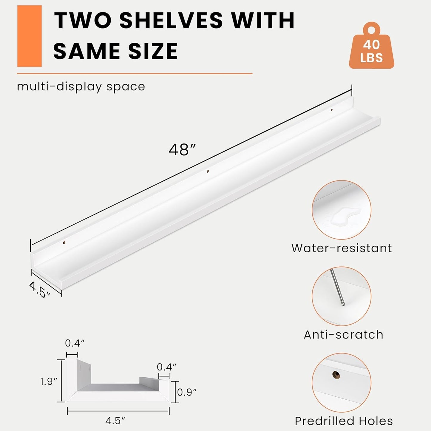 Heimlove Picture Ledge Shelf, Floating Shelves Set of 2, 48 Inches Picture Shelf for Wall with Ledge, Kids Bookshelf Wall Mounted for Living Room Bedroom Decor Books Photo Frames, White