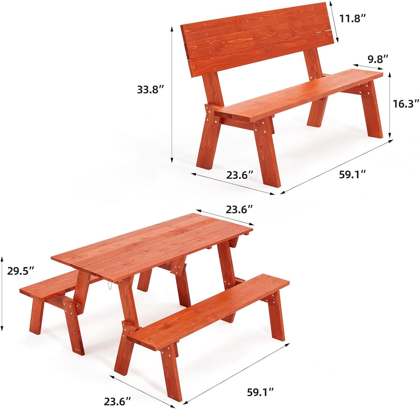 AVAWING Outdoor Convertible Wood Bench with Backrest, Patio Wood Convert a Bench, Space-Saving 2-in-1 Picnic Table Chairs Set for Backyard, Porch, Patio, Garden, Tangerine