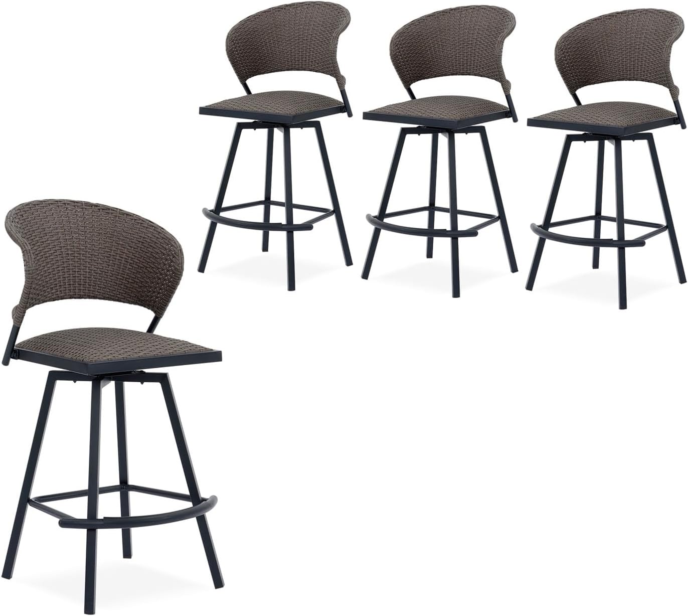 VICLLAX Patio Bar Stool Chairs with Footrests and Padded Seat, Bar Height Swivel Patio Chairs Set of 4, Brown Woven Wicker Swivel Bar Stools for Lawn Garden