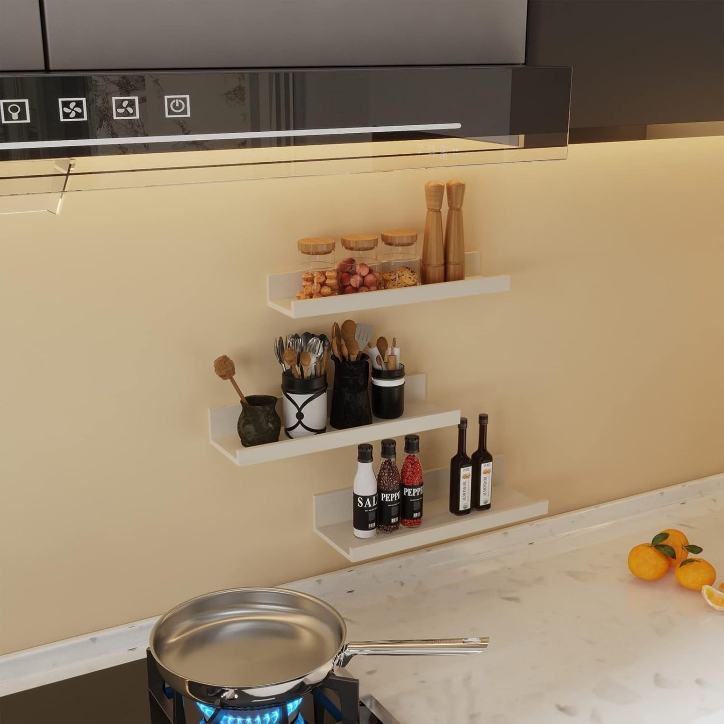 Giftgarden 16 Inch Floating Shelves Wall Mounted, Creamy White Beige Wood-Grain Wooden Ledge Shelf for Bathroom Bedroom Living Room Kitchen Nursery, Set of 3 Different Sizes