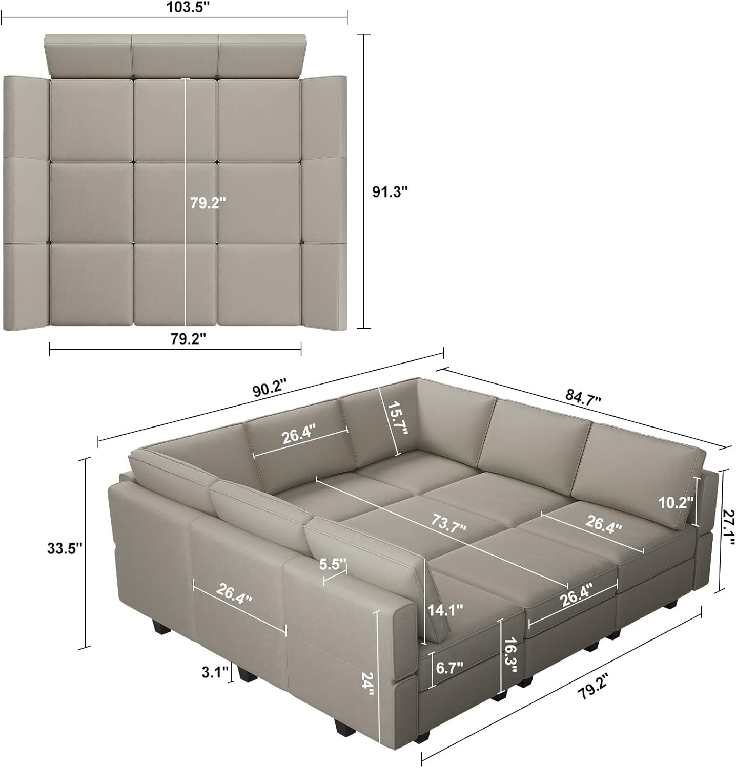 Belffin Modular Sectional Sofa with Ottomans Velvet Reversible Chaise Sleeper Bed Storage Seat Grey…, MD-S-1