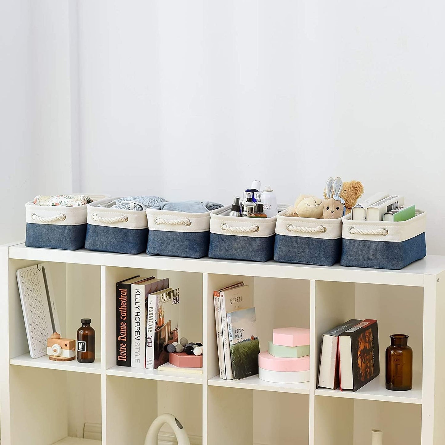 TheWarmHome Storage Bins for Shelves - 12x8x5.2 inch 1 Pack Baskets for Gifts Empty, Fabric Storage Cubes for Closet Organizing Dog Gift Cloth Toy (White & Jean Blue)