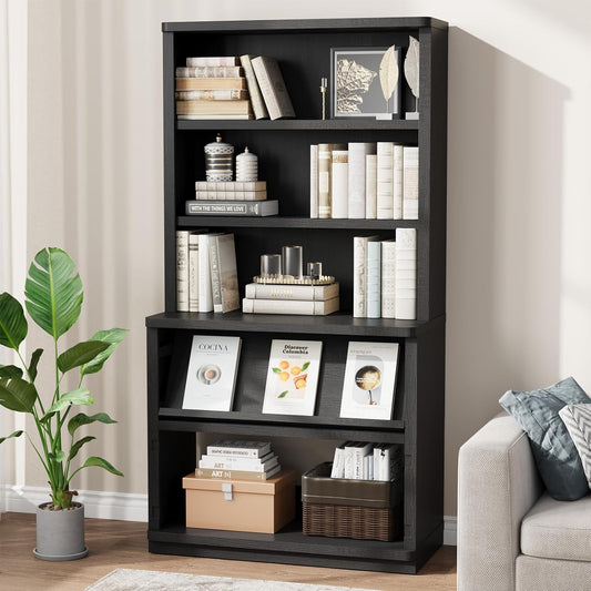 Rresyet 5 Tier Bookcase with Flip-Flop Design, 71" x 37" x 16" Wooden Book Shelf, Extra Bookshelf Storage Organizer, Display Standing Shelf Unit for Home Office, Living Room, Study Room (Black