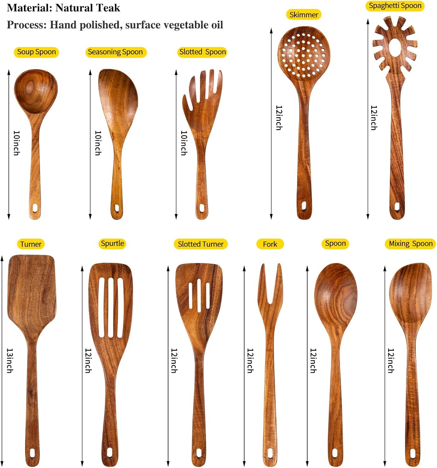 GUDAMAYE 11 PCE Wooden Spoons for Cooking, Wooden Kitchen Utensils Set,Wooden Cooking Utensils,Natural Teak Wooden Spoons For Non-stick Pan