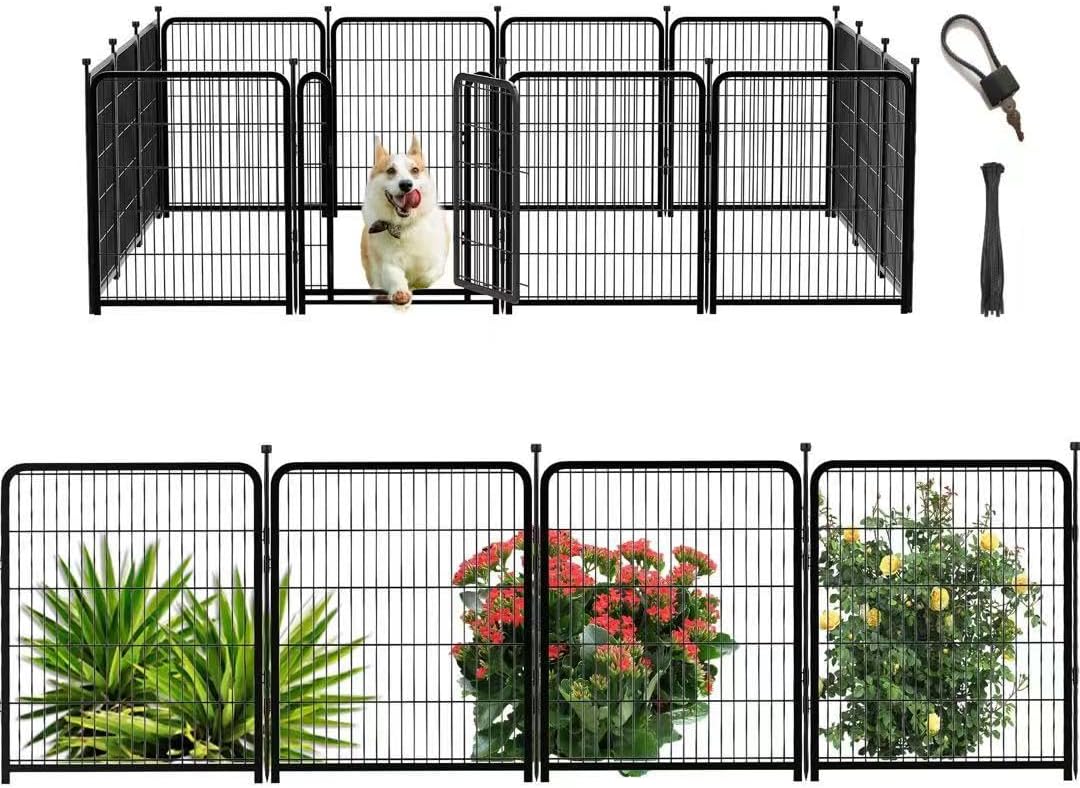 Dog Playpen 24 inch(H) 16 Panels Dog Fence Outdoor for Yard. Metal Dog Pen Heavy Duty Pet Puppy Exercise Pen for Rv Camping Garden Yard, Wide Door Low Threshold Dog Fence Total 31.4 Ft(L)