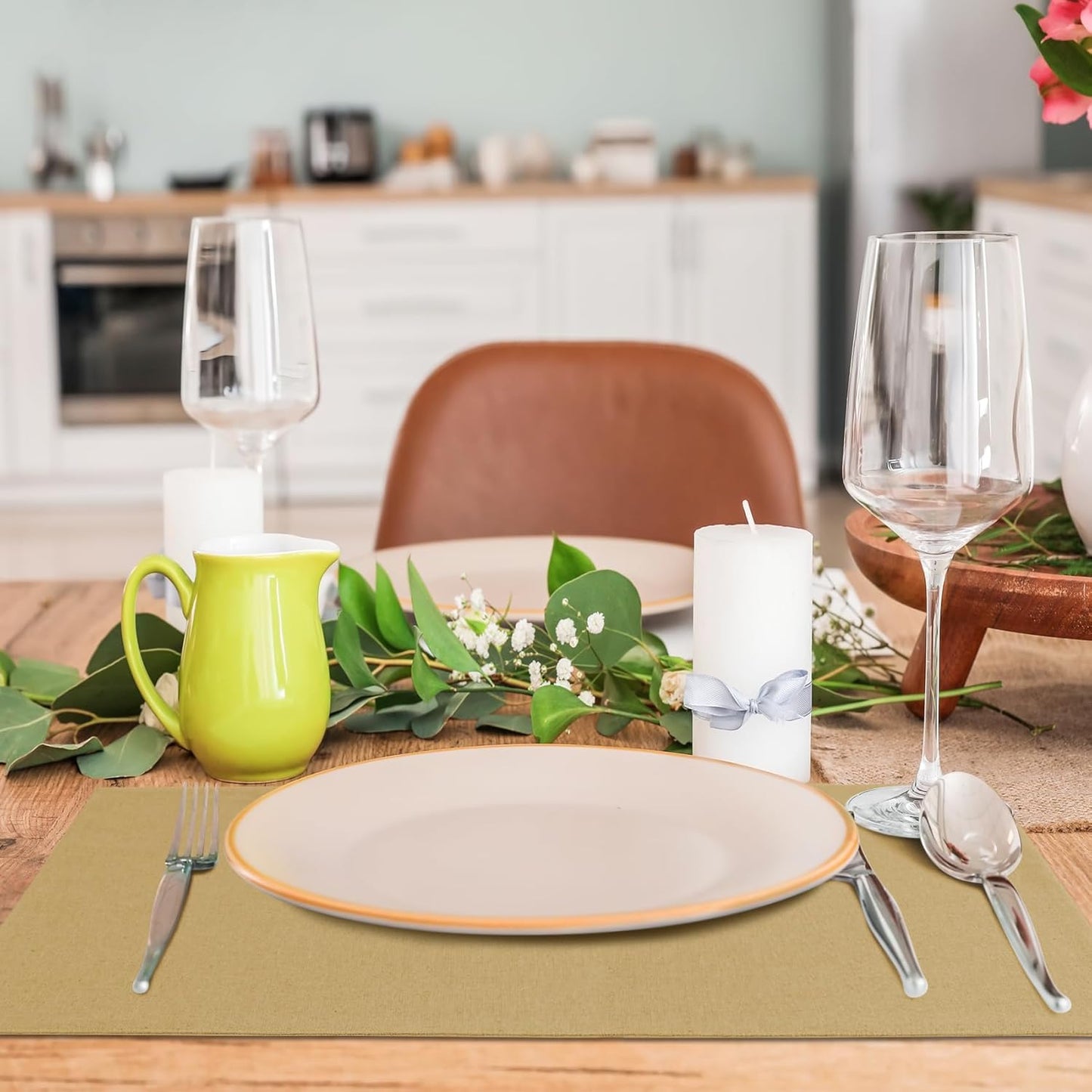 MANSPHIL Khaki Cloth Placemats Set of 4, Washable Thick Faux Linen Place Mats Heat Resistant Double Layer Table Mats for Dining Kitchen Indoor Outdoor Use - 13x19 Inch