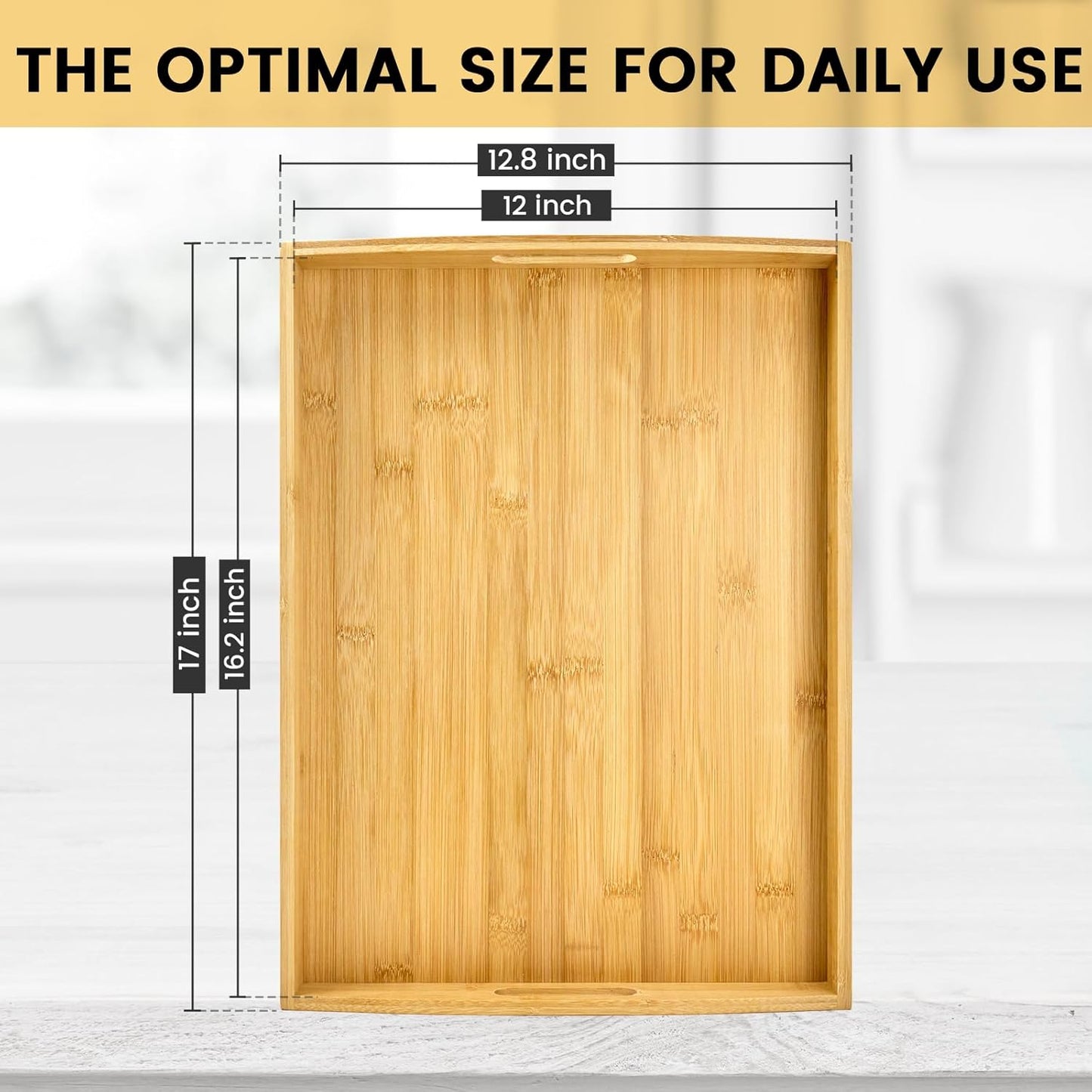 Larger Bamboo Serving Tray with Handles - Decorative Wooden Trays for Eating, Working, and Storing, Suitable for Use in Bedroom, Living Room, Kitchen, Bathroom, Outdoor Scenarios and More