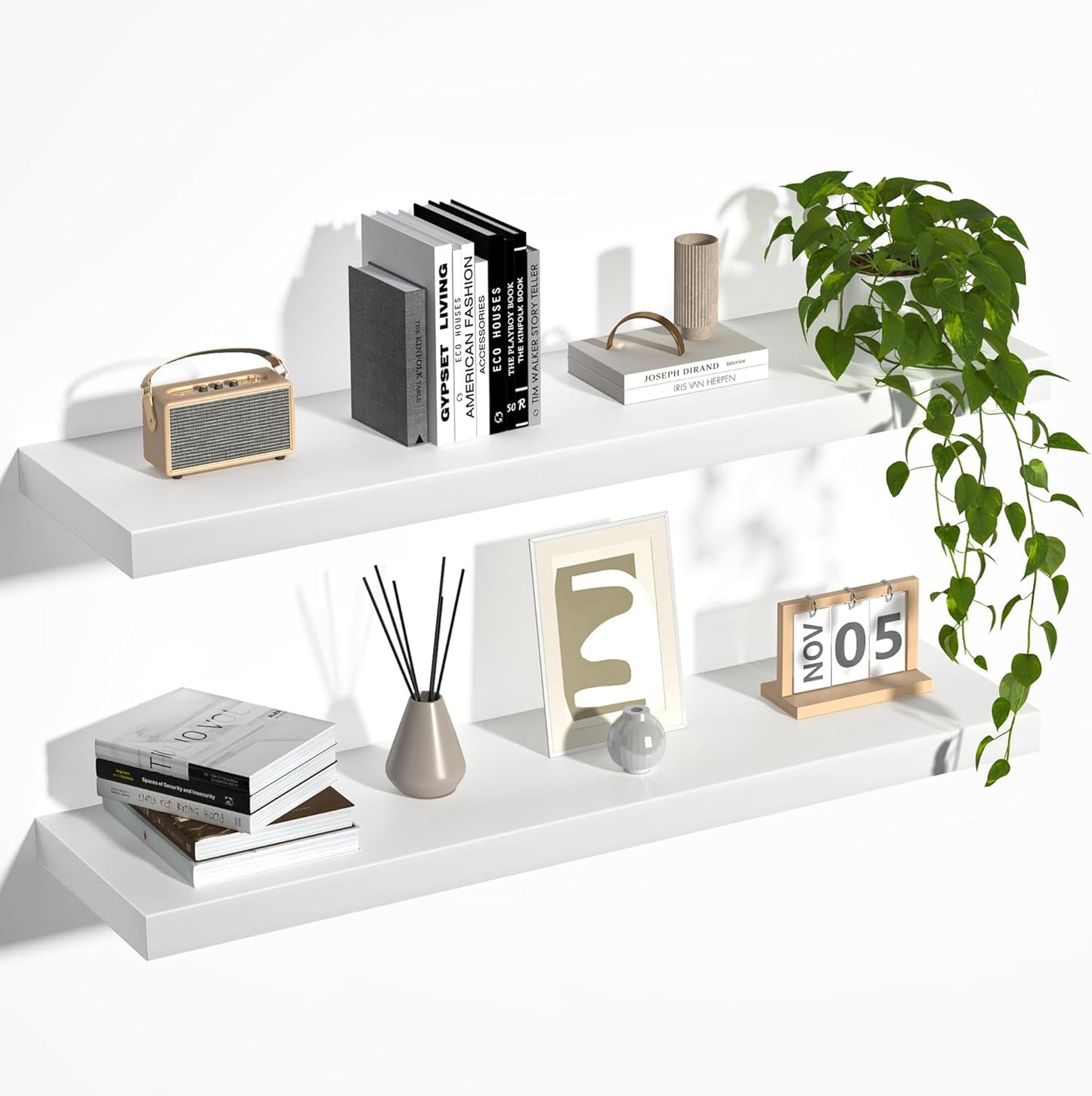 Fun Memories Farmhouse Floating Shelves - 8 Inch Deep Rustic Wood Wall Shelf - Premium Solid Pine Wood Storage Shelf for Kitchen Living Room Bedroom - 30" W x 8" D - Set of 2 - White