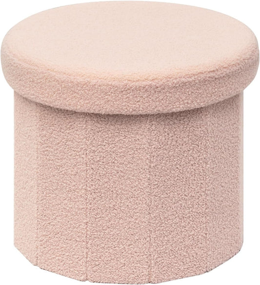 B FSOBEIIALEO Storage Ottoman Cube, Round Ottomans with Storage Foot Stool Footrest for Lving Room, Boucle Ottoman Seat for Dorm Room,Faux Teddy Fur, Pink 15"x15"x15"