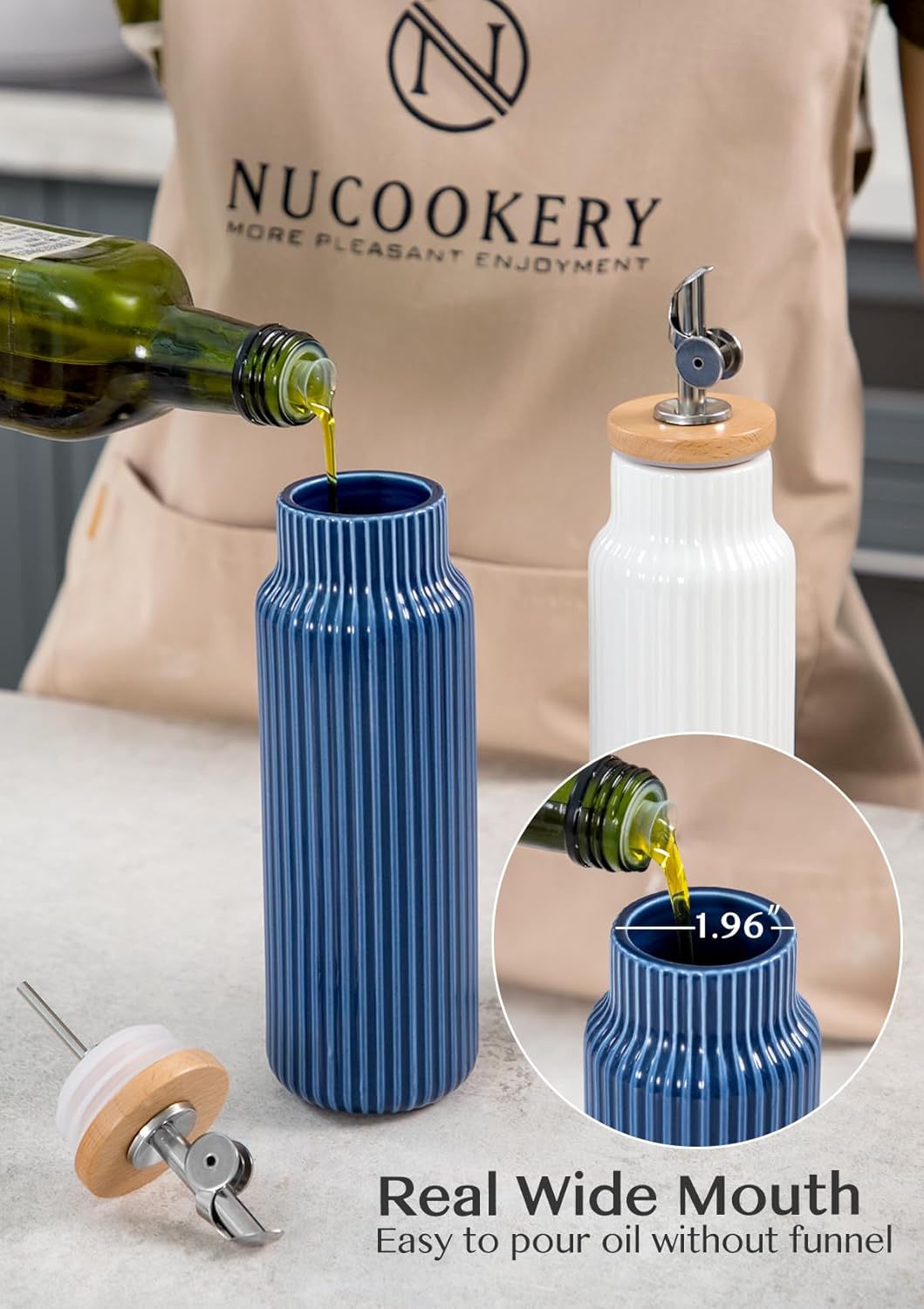 Nucookery Ceramic Olive Oil Dispenser Bottle for Kitchen, 14 oz Opaque Vinegar Dispenser Bottle, Large Capacity Cooking Oil Container for Storage Vinegar, Soy Sauce, Coffee Syrup, Blue