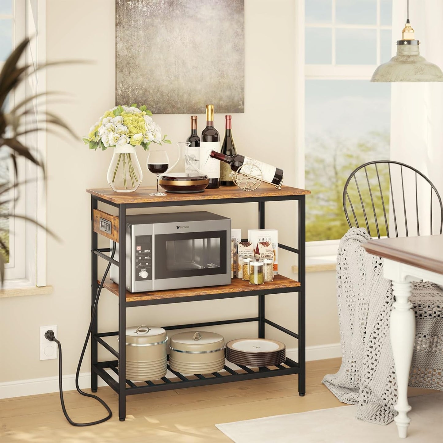 IBUYKE Kitchen Island with Storage, Bakers Rack with Power Outlet,Microwave Stand with Large Worktop,Rolling Bar Cart for Home, Outdoor, Kitchen,Rustic Brown and Black TMJ029H