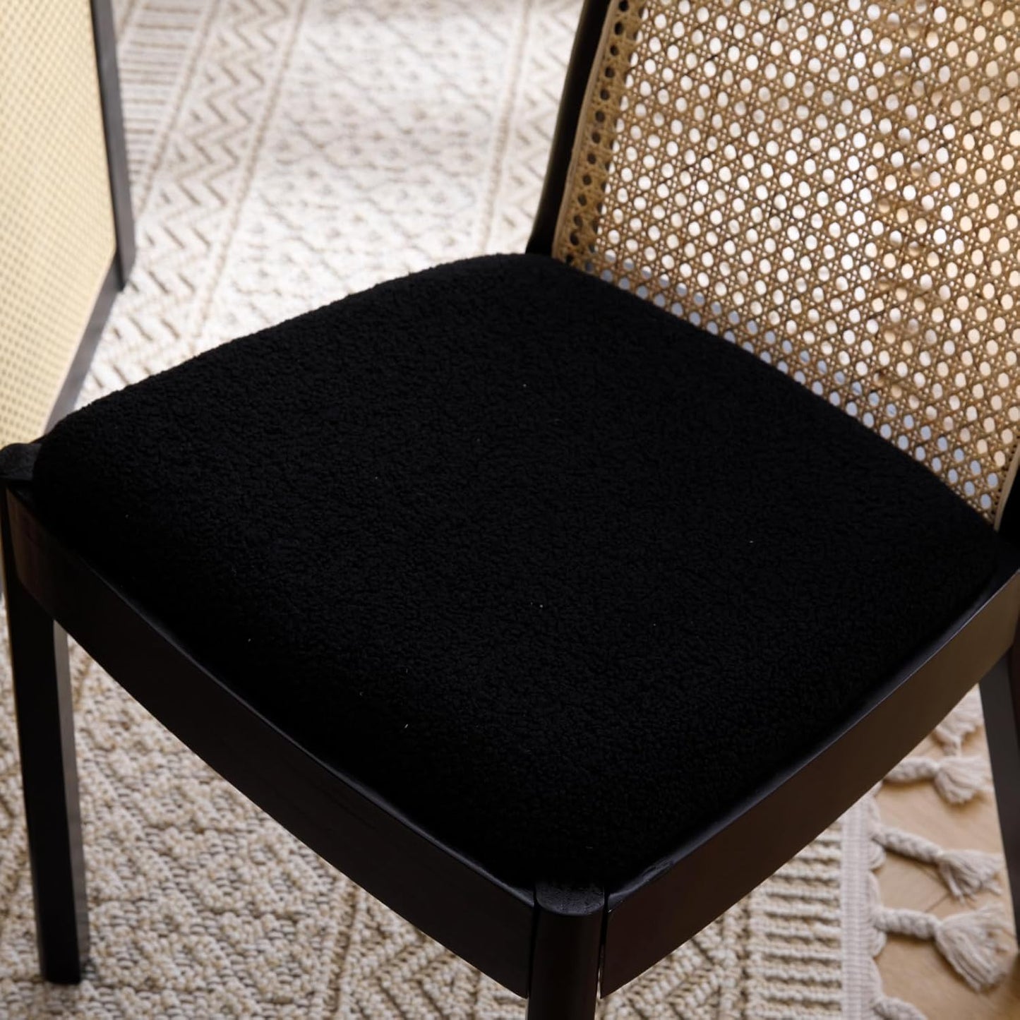 Mid Century Dining Chairs Set of 4, Accent Rattan Sherpa Fabric Side Chairs Kitchen Chair with Solid Wooden Legs for Living Room Dining Room, Black