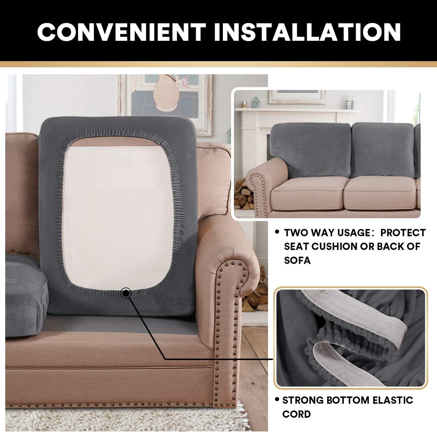 PrinceDeco Stretch Sofa Cushion Covers for Couches and Sofas,Soft Velvet Couch Seat Covers, Sofa Covers Washable, Seat Cushion Cover for 3 Couch Sofa Pet Friendly - Grey, Each Width Up to 29.5"