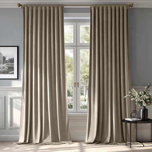MIULEE Taupe Velvet Curtains 90 inches 2 Panels - Luxury Room Darkening Window Drapes for Bedroom Living Room Thermal Insulated Super Soft Blackout, Back Tab Rod Pocket Pinch Pleated, W52 x L90