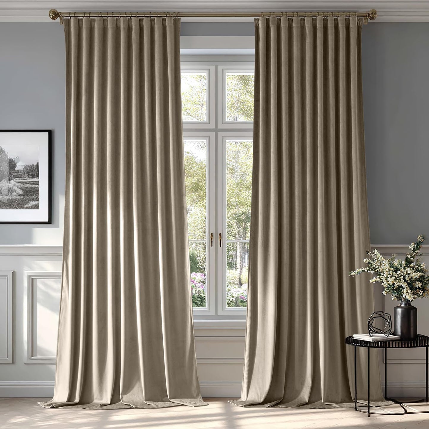 MIULEE Taupe Velvet Curtains 108 inches 2 Panels - Luxury Room Darkening Window Drapes for Bedroom Living Room Thermal Insulated Super Soft Blackout Extra Long, Back Tab Rod Pocket Pinch Pleated