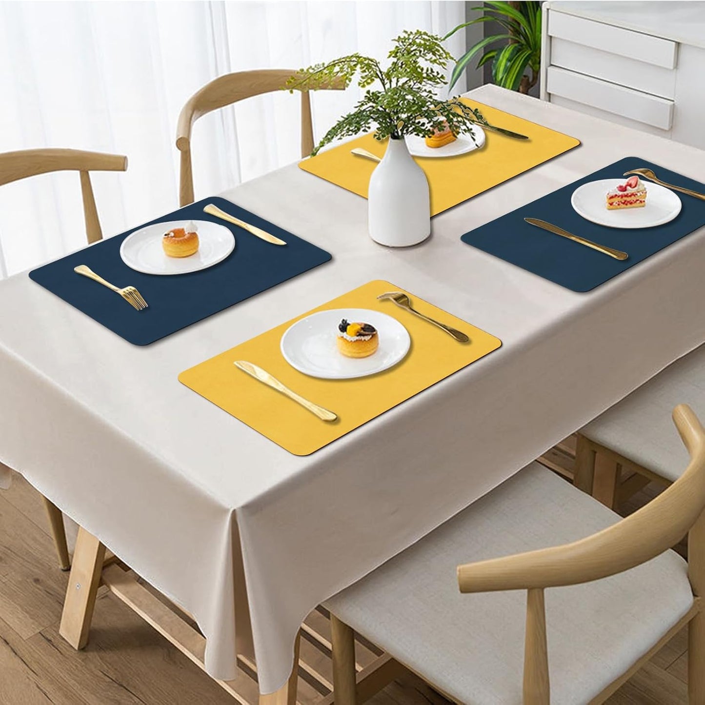 BLESWIN Faux Leather Placemats, PU Dining Table, Waterproof and Oil Resistant Easy to Clean, Heat Resistant Reversible Use Table Mats for Kitchen, Dining Table,Outdoor – 12 × 17 Inch, Dark Blue&Yellow
