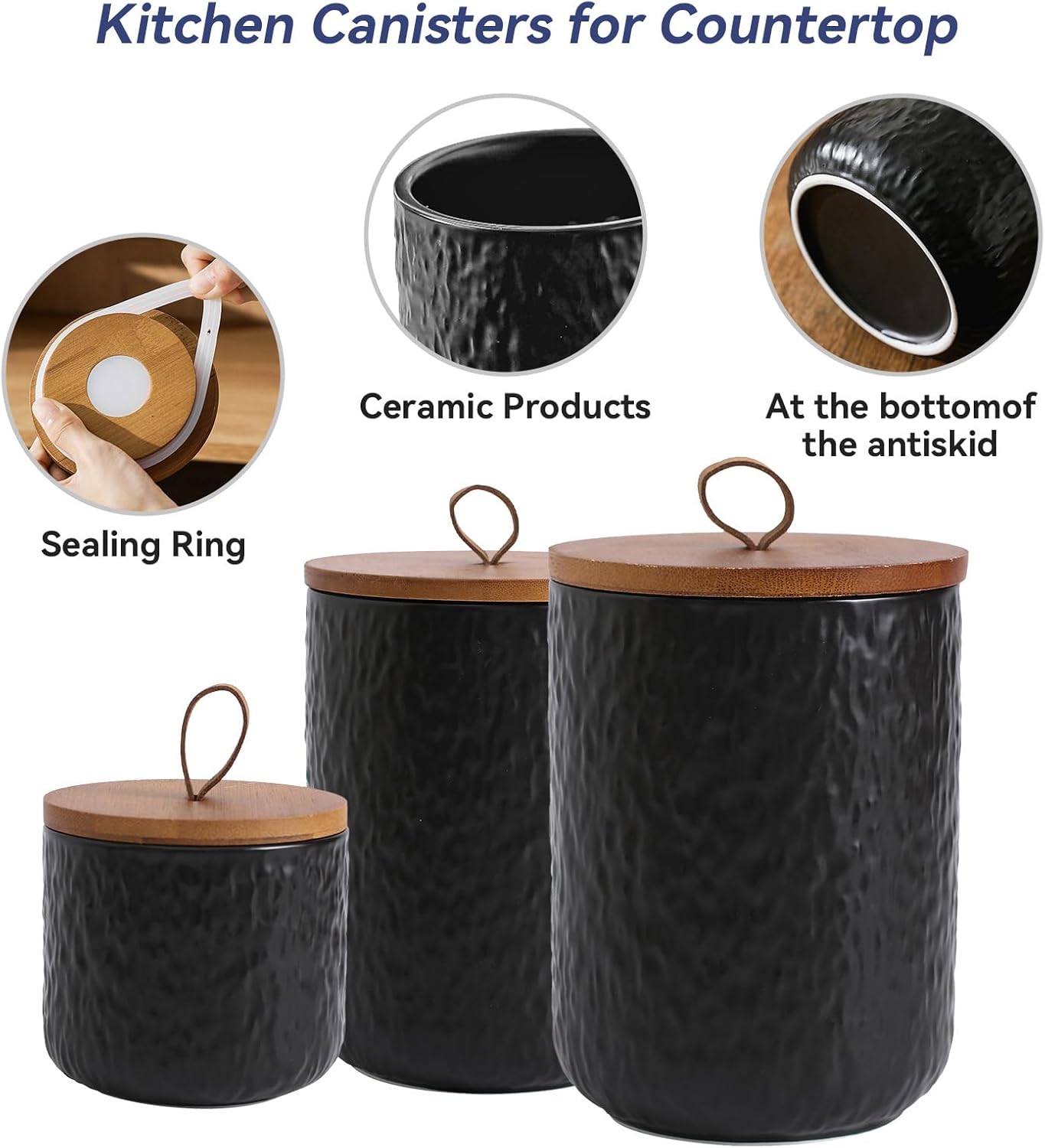 Kitchen Canisters for Countertop, Ceramic Coffee Canisters with Airtight Lids Food Storage Jars Sugar Container for Kitchen Counter Tea, Coffee Beans, Spice (#001Black-9oz/260ml)