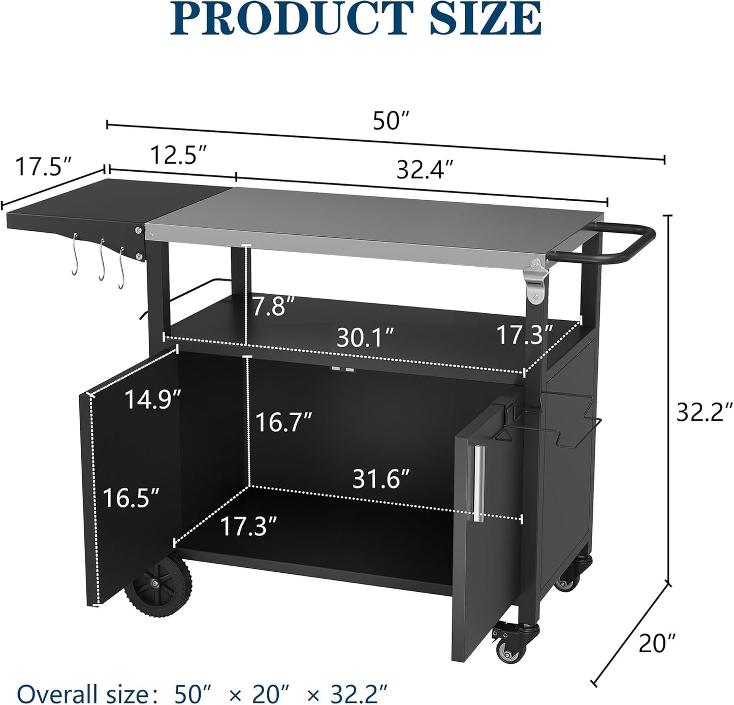 JY QAQA Outdoor Grill Cart with Storage,Patio Kitchen Island Outdoor Grill Table with Wheels,BBQ Cart Movable Pizza Oven Table Stand, Storage Cabinet, Foldable Tabletop, Black