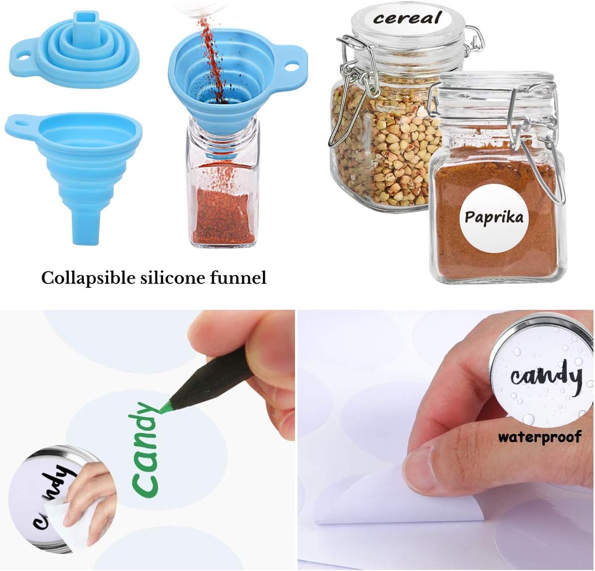 Spice Jars, 24 Pack 4oz Small Glass Jars with Airtight Hinged Lid, With 24 Spice Labels & Silicone Funnels, Airtight Glass Jars for Spices, Condiments Herb Seasoning Art Craft Storage