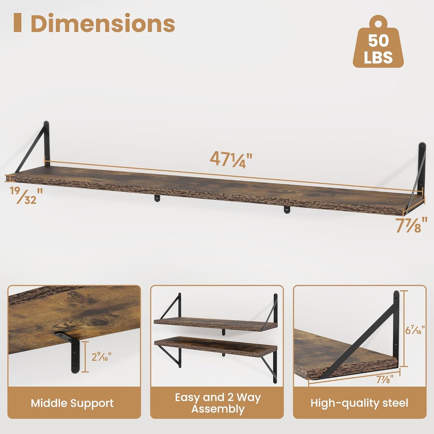 Heimlove 48 Inch Large Floating Bookshelves Set of 3,Rustic Brown Wood Wall Mounted Bookshelves,Heavy Duty Shelves for Living Room,Bedroom,Kitchen,Laundry Room Storage & Decor