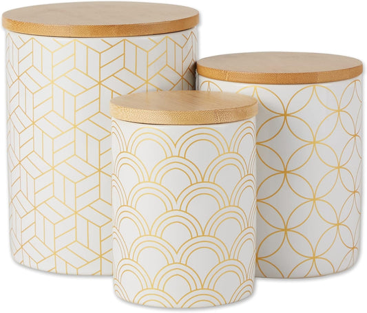 DII Kitchen Ceramics Collection, Canister Set, Mixed Print, White/Gold, 3 Piece