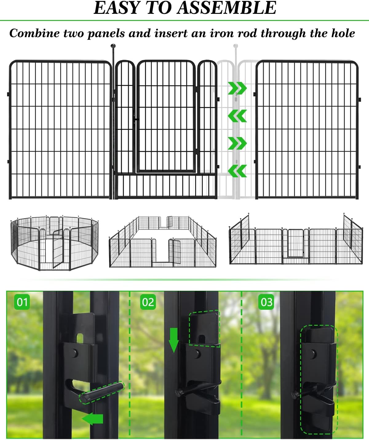 Decorative Black Metal Fencing Garden Fence with Gate, 18ft(L) 40in(H) 8 Fence Panels No Dig Fence Rustproof Animal Barrier Fence Temporary Dog Panels Fencing Outdoor
