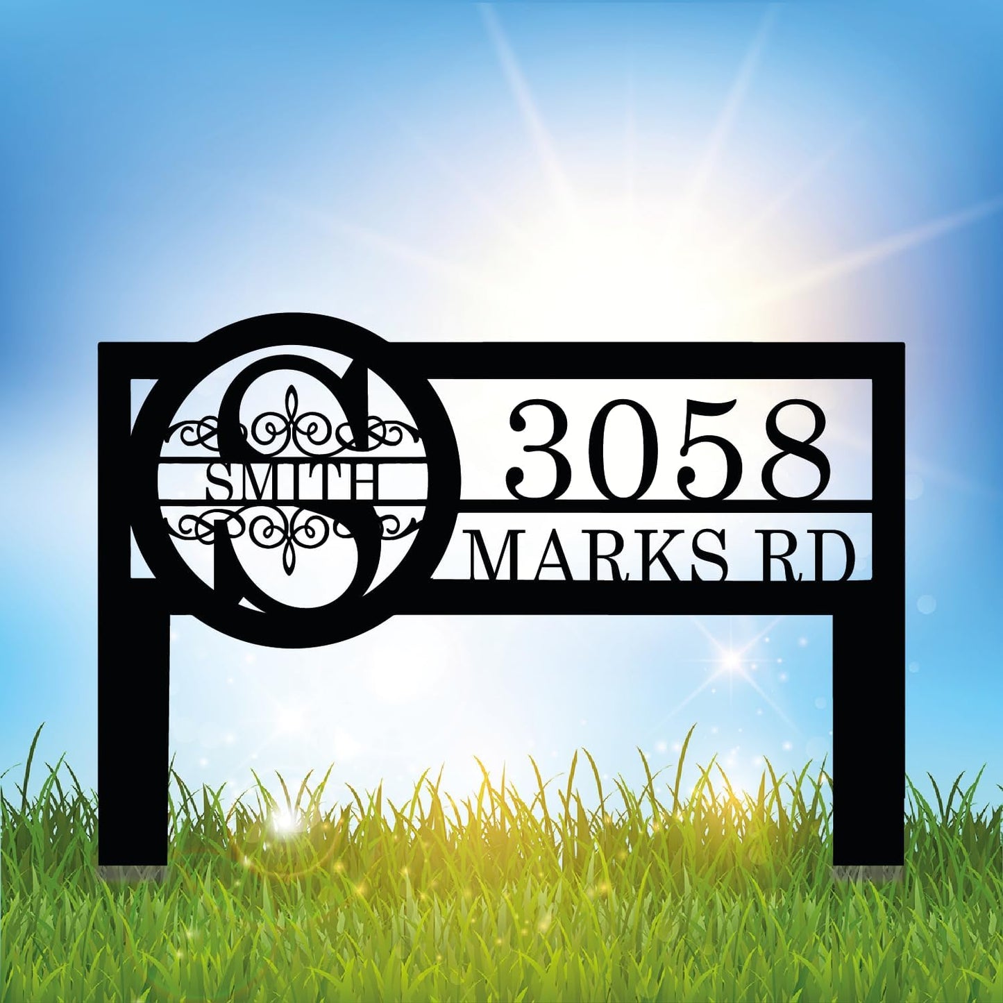 Personalized Metal Yard Address Sign with Last Name and Monogram, House Number Sign for Lawn and Patio