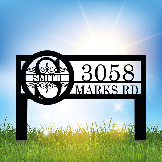 Personalized Metal Yard Address Sign with Last Name and Monogram, House Number Sign for Lawn and Patio