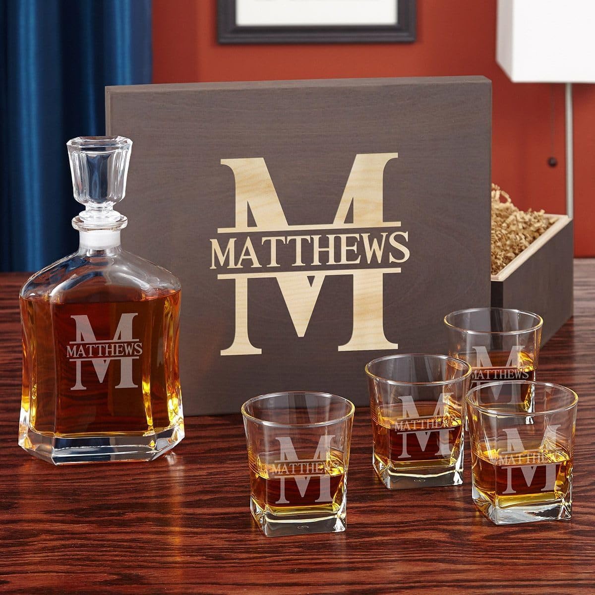 Custom Whiskey Decanter and Whiskey Glasses Set in Handcrafted Box