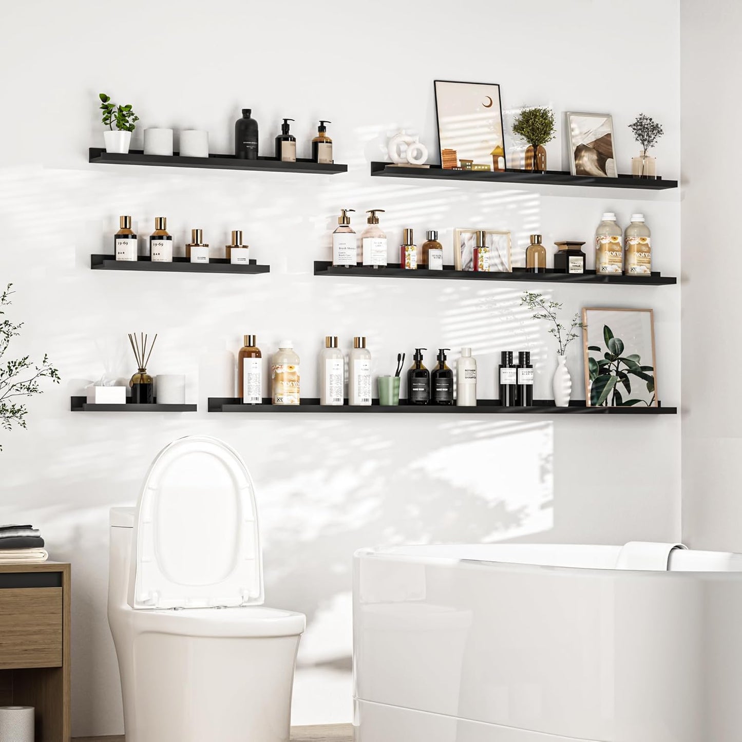 Heimlove Picture Ledge Shelf, Floating Shelves Set of 2, 72 Inches Long Large Picture Shelf for Wall with Ledge, Kids Bookshelf Wall Mounted for Living Room Bedroom Decor Books Photo Frames, Black