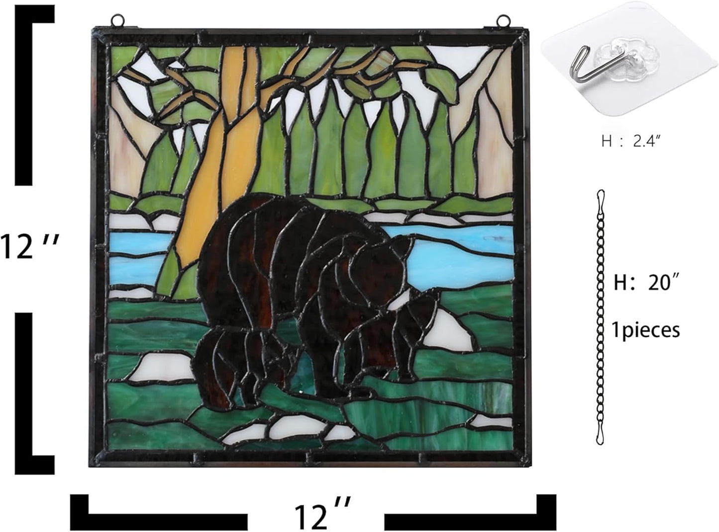 bwkoiujes Stained Glass Window Hanging 12" Square Tiffany Animal Style 3 Brown Bears Suncatcher Wall Decor Art Panel Includes 20" Chain and Hooks The Perfect Housewarming Gift