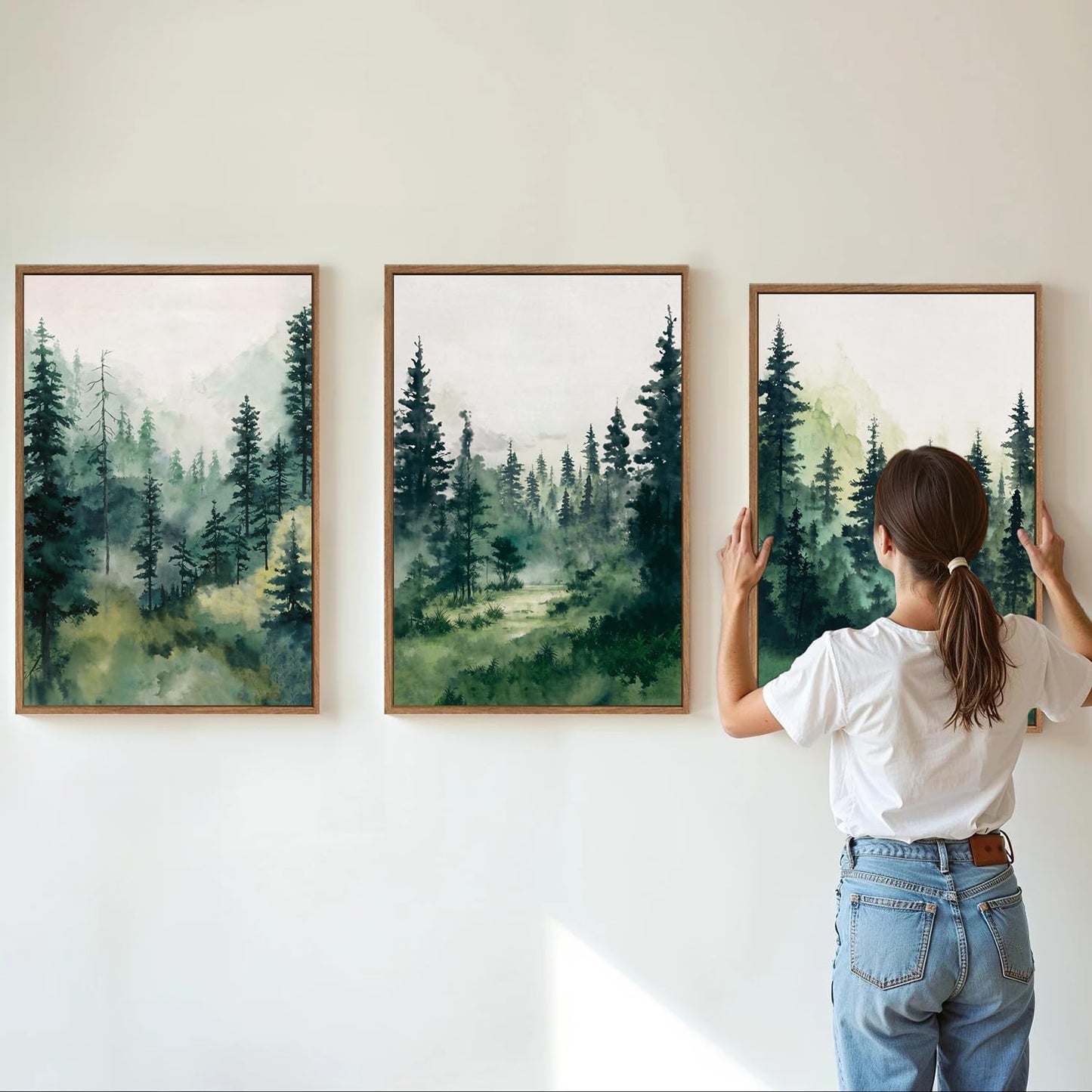 Tinonedraw Misty Forest Framed Canvas Wall Art Set, Modern Pine Trees Wall Painting, Watercolor Nature Foggy Landscape Wall Decor, Neutral Mountain ArtWork for Bedroom Living Room and Office 24"x36"x3