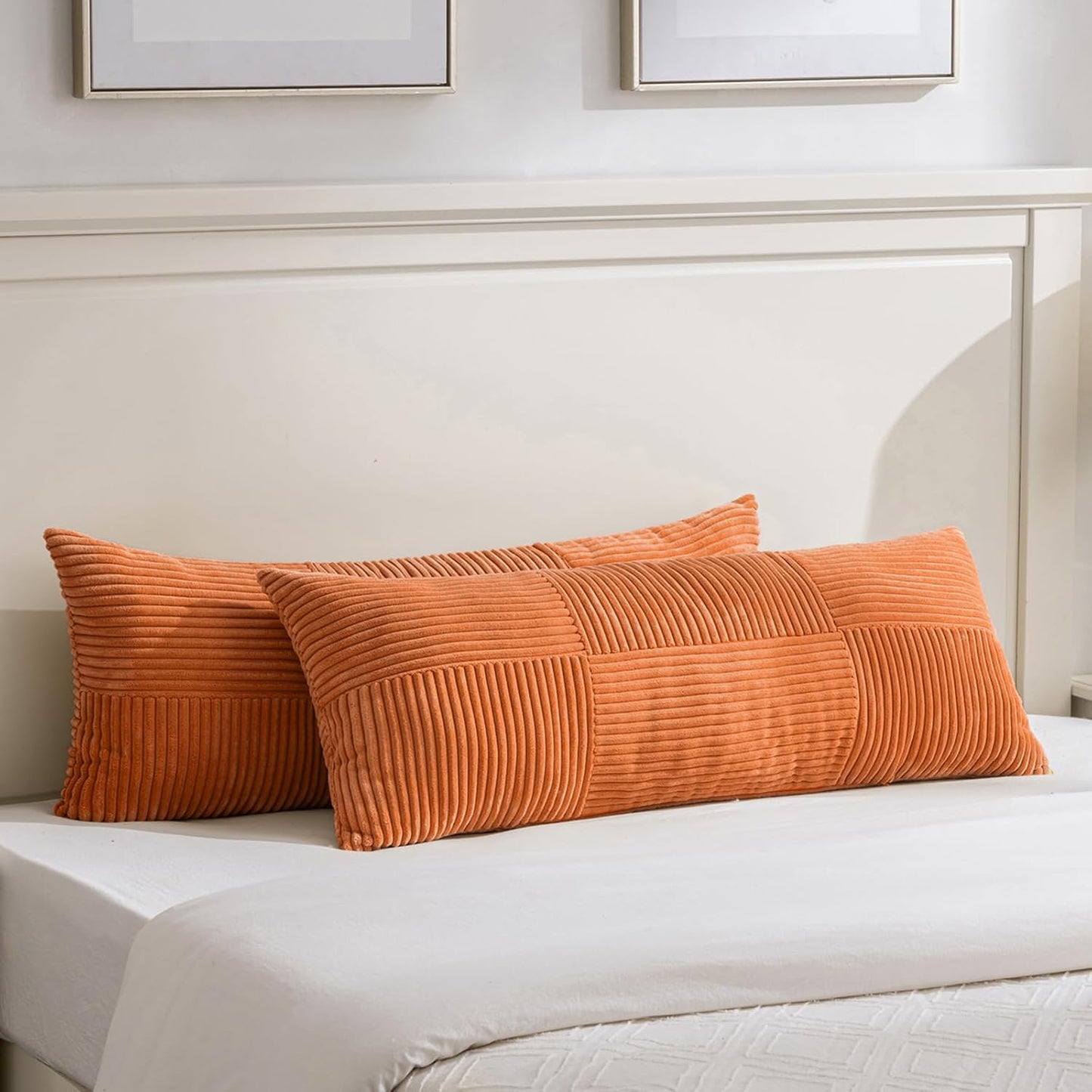 Fancy Homi Set of 2 Orange Boho Long Lumbar Body Decorative Throw Pillow Cover 14x36 Inch for Bed Couch Bedroom Bench, Soft Patchwork Corduroy Textured Pillow Case, Rustic Farmhouse Room Décor