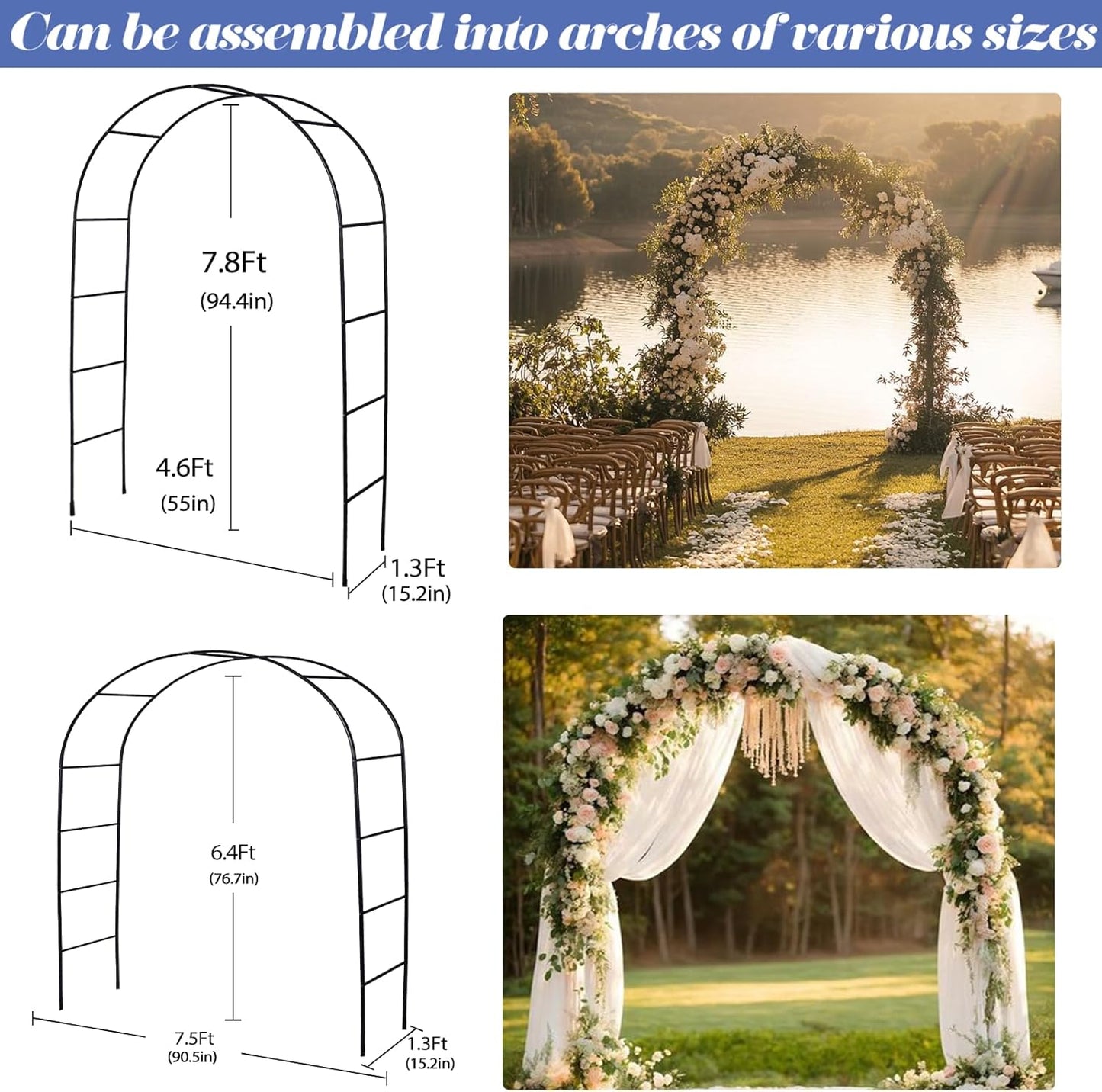 Metal Pergola Arbor Garden Arch - 4.6 * 7.8 or 6.4 * 7.5Ft, Assemble Freely 2 Sizes for Various Climbing Plant, Bridal Party Decoration